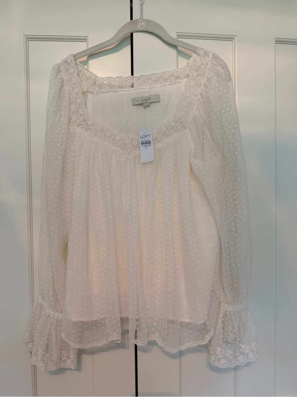 NWT LOFT Cream Swiss Dot Lace-Trim Peasant Blouse